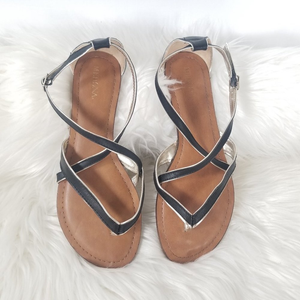 ✅Merona Black Criss Cross Straps Flats Adjustable Ankle Buckle Sandals Thong 6.5